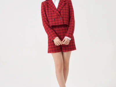 Áo Khoác Dạ Kẻ Nữ 2 Lớp Cổ Vest Dáng Ngắn